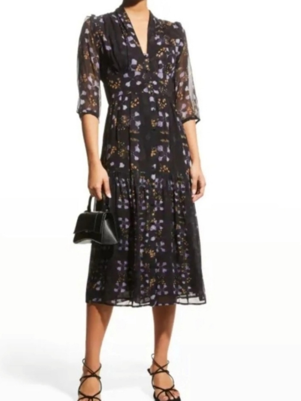 ba&sh Black Floral Midi Dress with V-Neck